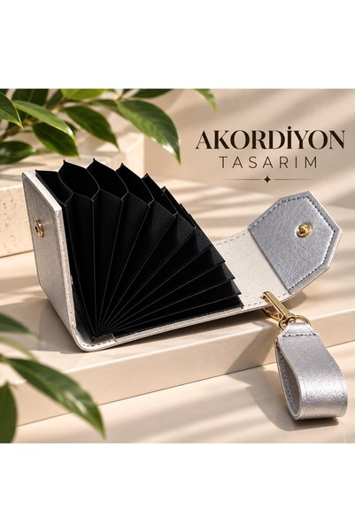 DAVİD POLO CÜZDAN Women's 2-Piece Accordion Card Holder Set Gold Silver Color Multi-Compartment Zippered Card Holder Hanging Bag Organizer Stylish Design