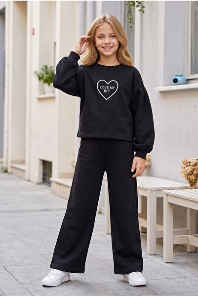 Kız Çocuk Eşofman Takımı %100 Pamuk 2 İplik Fırçalı Sweatshirt Pantolon