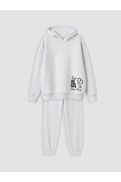LC Waikiki Özmarka New Season Gray Printed Girls' Thick Tracksuit Set