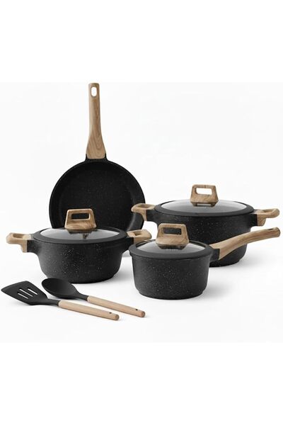 Top Chef Cookware Set Aluminum Pots And Pans Non-Stick Surface Wood Finish Ha...