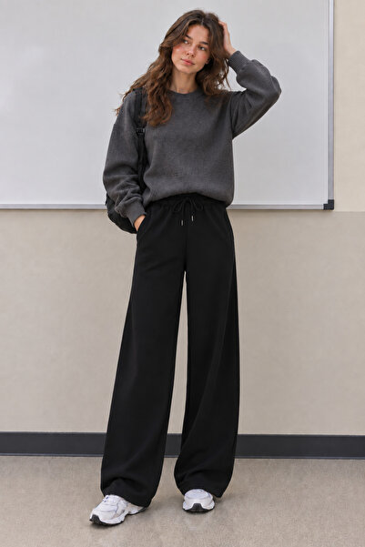 Warasiva Women's Black Straight-Leg Modal Fabric Sweatpants with Pockets