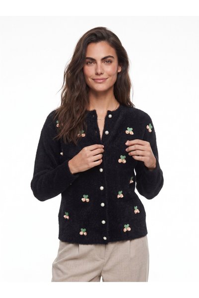 Generic Brand Black Soft Textured Cotton Knitted Cherry Embroidered Buttoned ...