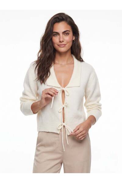 Juuuj Bone Wool Blend Soft Textured Wide Collar Tie Detail Long Sleeve Knitwe...