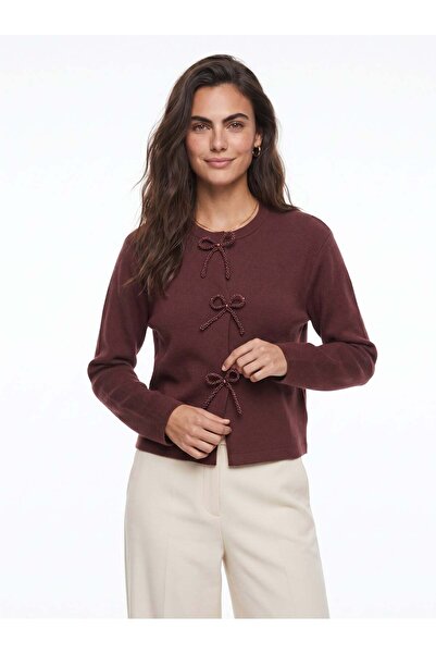 Juuuj Plum Knitwear Fabric Crew Neck Long Sleeve Knitted Cardigan with Pearls...