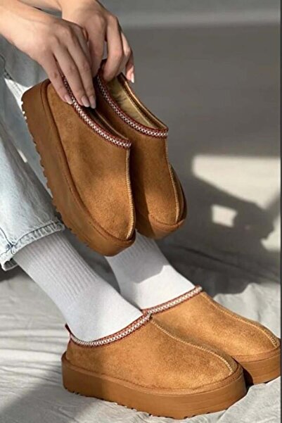 Juuuj Tan Suede Textured Flexible Sole Fur Lined Comfortable Daily Use Flat S...