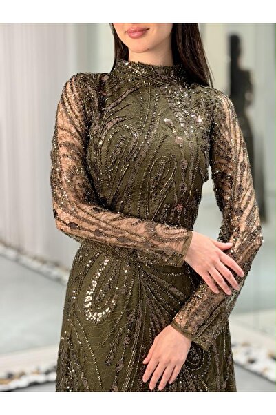 NAQWA FASHION طقم سهرة زيتي مطرز