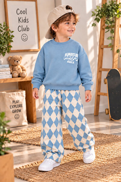 Neo Kids Mavi Sweatshirt ve Karo Desenli Bol Paça Eşofman Takımı