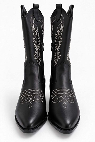 Juuuj Cizme de cowboy cu toc jos, din piele neagră, cu broderie în stil weste...