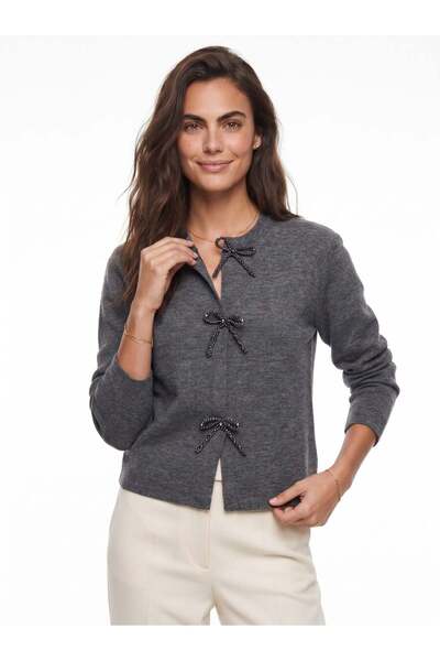 Juuuj Anthracite Soft Textured Knitwear Fabric Crew Neck Knitted Cardigan wit...