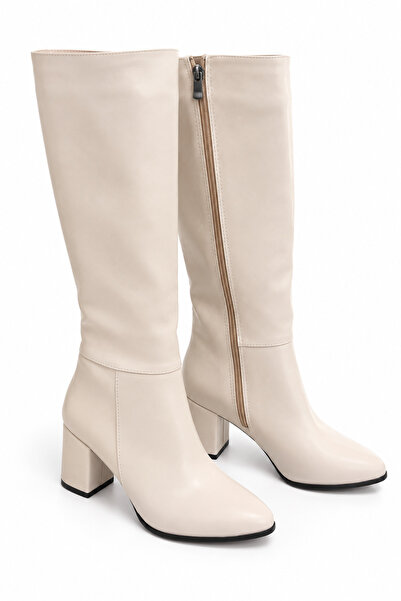 Juuuj Beige Faux Leather Pointed Toe High Heeled Long Boots with Side Zipper ...