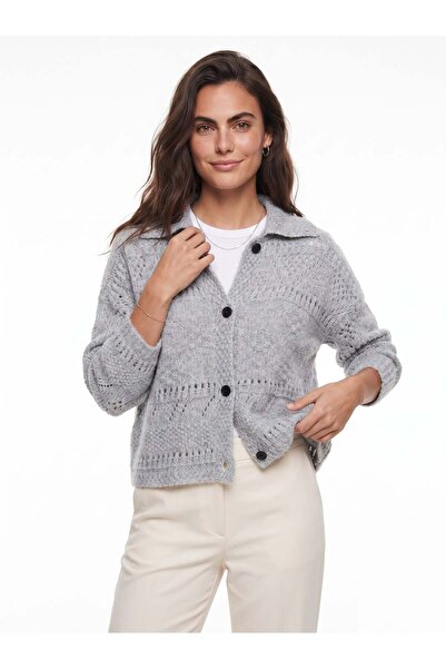 Juuuj Light Gray Pointelle Knit Shawl Collar Stretchy Textured Long Sleeve Bu...