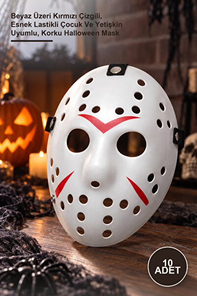 10 Adet Tam Yüz Jason Hokey Maskesi – Beyaz Üzeri Kırmızı Çizgili, Esnek Lastikli Çocuk Ve Yetişkin Uyumlu, Korku Halloween Mask