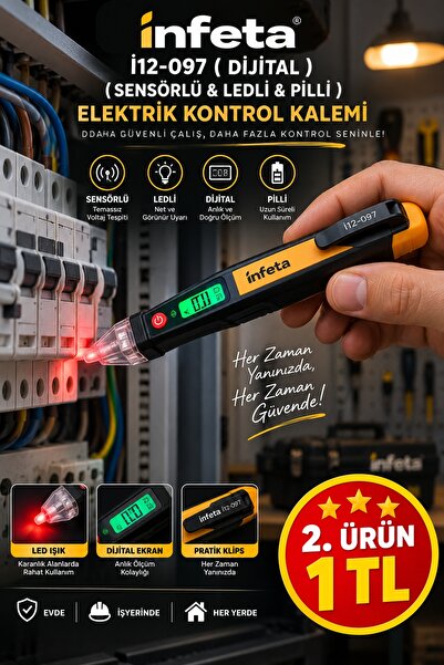 İnfeta 90-1000V Sensörlü Temassız Elektrik Kontrol Kalemi LED'li Pilli Voltaj...