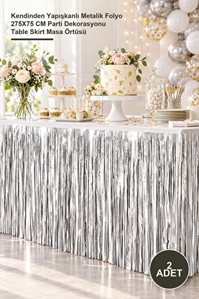 2 Adet Gümüş Metalize Masa Eteği – Kendinden Yapışkanlı Metalik Folyo 275X75 CM Parti Dekorasyonu Table Skirt Masa Örtüsü