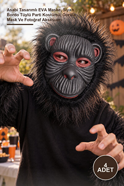 4 Adet Goril Maskesi – Asabi Tasarımlı EVA Maske, Siyah Bordo Tüylü Parti Kostümü, Gorilla Mask Ve Fotoğraf Aksesuarı