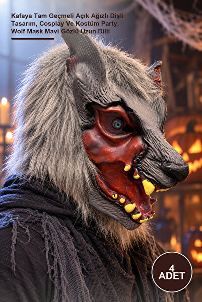 4 Adet Lateks Kurt Maskesi – Kafaya Tam Geçmeli Açık Ağızlı Dişli Tasarım, Cosplay Ve Kostüm Party, Wolf Mask Mavi Gözlü Uzun Dilli