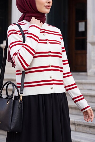 Modamorfo Bright Buttoned Striped Knitwear Cardigan -Red