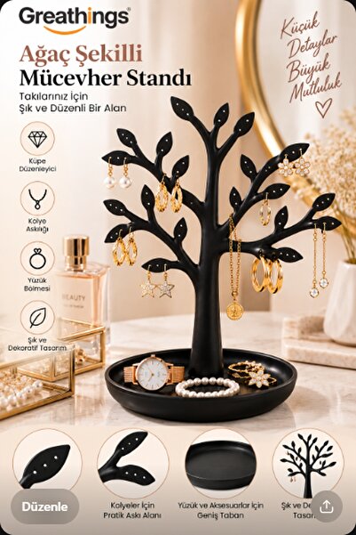 Greathings 25 x 16 cm Ağaç Şekilli Takı ve Mücevher Standı 32 Küpe Delikli Or...