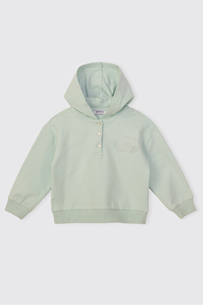 Panço Baby Girl Printed Hooded Light Green Sweatshirt