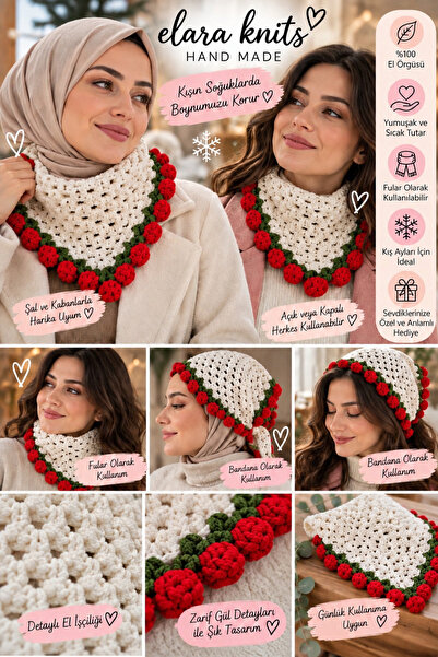 elara knits hand made وشاح رقبة مزين بالزهور مصنوع يدويًا من خيوط القطن