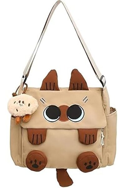 Tazweeq Khaki Large Capacity Ita Bag, Cute Cat Cartoon Shoulder Bag, Crossbod...