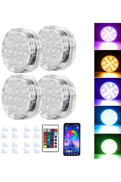 Morvena Picks Set de lumini LED subacvatice pentru piscină, 4 piese - 16 culori, 4 moduri - Alimentat cu baterii, cu telecomandă - Potrivit pentru piscine, iazuri și decorațiuni
