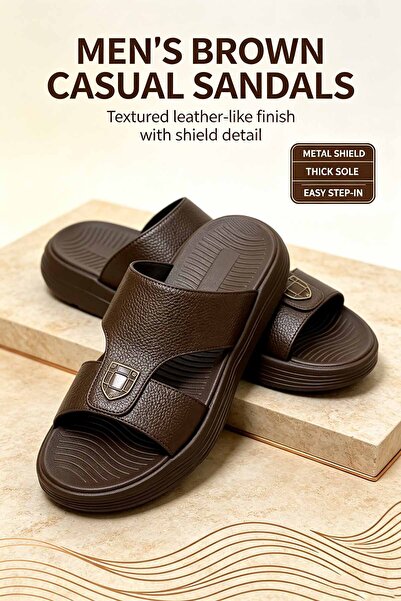 SaudEva Foot Men's Textured Leather-Like Casual Sandals – Metal Shield Detail...