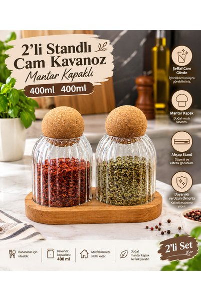 KARAKAŞ HOME & ZÜCCACİYE 2li mantar kapaklı cam kavanoz standlı (400ml.400ml)