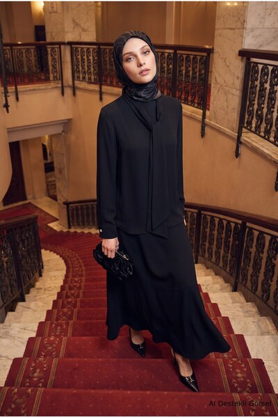 Armine TREND Tie Collar Long Sleeve Blouse and Skirt Two-Piece Set Black 26Kt624