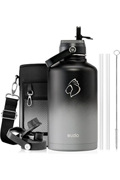 Generic زجاجة ماء معزولة من BUZIO مع غطاء بقشة وغطاء مرن، سعة 64 أونصة، مصنوع...