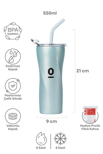 Espressolab Paslanmaz Çelik Mint Metalik Tumbler Termos 550 ml Pipetli Vakuml...