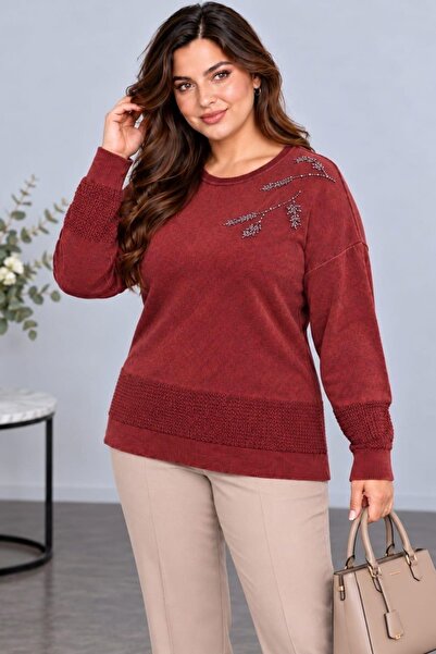 CEDY DENIM Women's Crew Neck Branch Leaf Embroidered Stone Detailed Textured ...