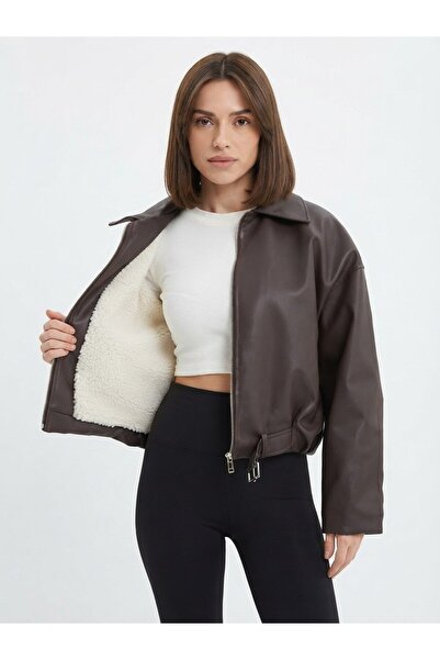 PRİFALDİ Zr Wool-Detail Aci Brown Women's Bomber Faux Leather Jacket with Bel...