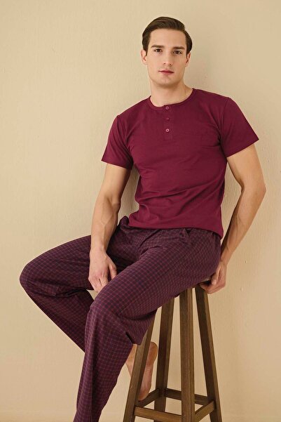 Aydoğan Men's Half Buttoned Front Short Sleeve Modal Pajama Set 7978 Claret Red