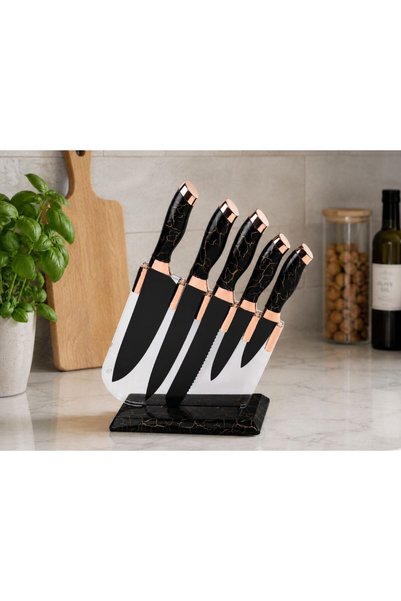 OEM Professional 5-Piece Kitchen Knife Set with Stand, Stainless Steel, Marbl...