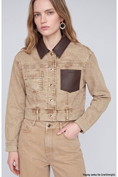 Network Bej Suni Deri Yaka Garnili Denim Mont