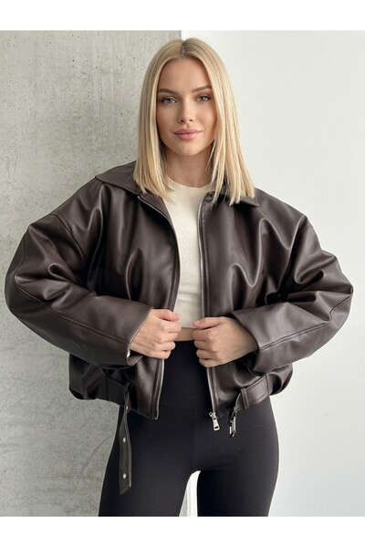 PRİFALDİ Zr Wool-Detail Aci Brown Women's Bomber Faux Leather Jacket with Belt Detail