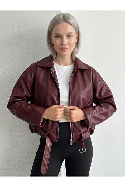 PRİFALDİ Zr Women's Bomber Faux Leather Jacket with Wool Detail on the Waistband in Burgundy Color
