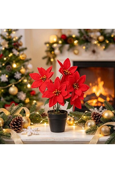 Kmt Style Artificial Christmas Poinsettia plant with five flowers in a pot, h...