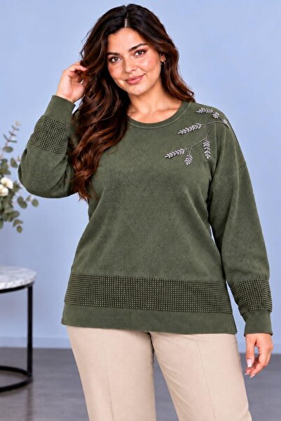 CEDY DENIM Women's Crew Neck Branch Leaf Embroidered Stone Detailed Textured ...