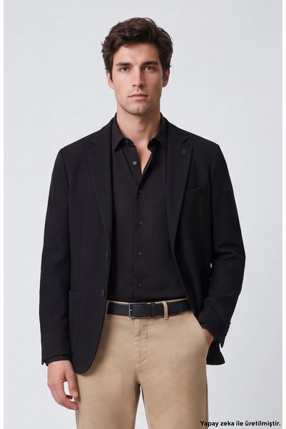 Network Slim Fit Siyah Diyagonal Desen Yün Mix Ceket