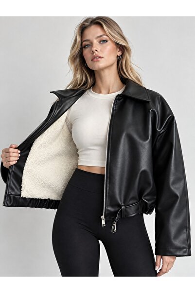 PRİFALDİ Zr Black Women's Bomber Faux Leather Jacket with Wool Inside and Bel...