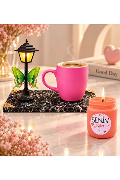 hediye arıları Pink Mug with Street Lamp Design and Scented Candle with Black...