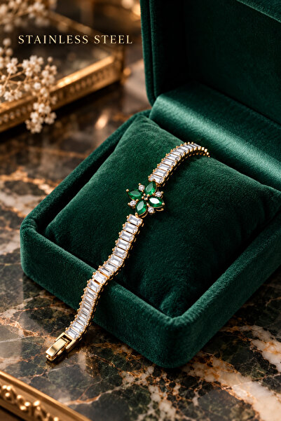 stainless steell Emerald Green Floral Motif Thick Steel Bracelet with Gold Co...