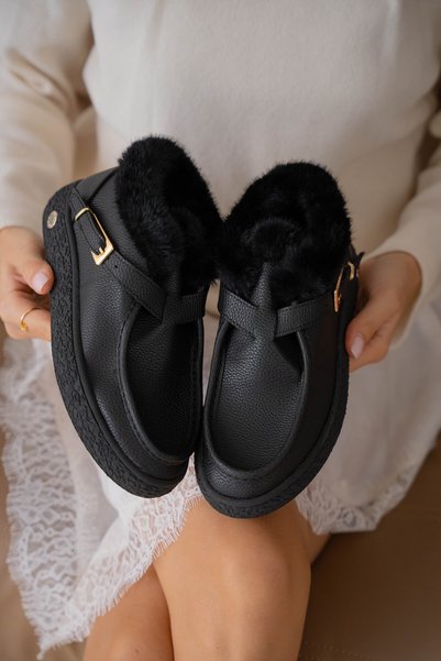 selin shoes Pevra Thick Sole Buckle and Fur Women's Boots - Black Floter