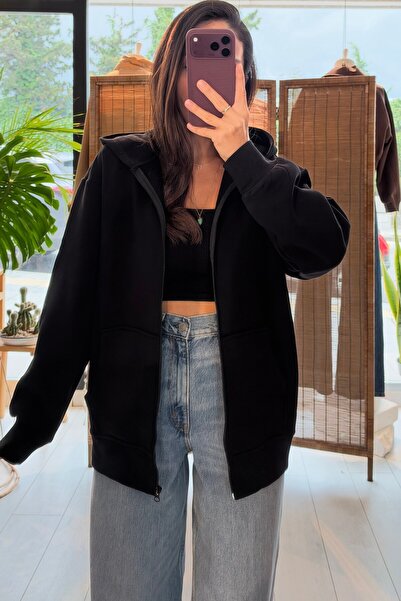 butikhola Black Hooded Zippered Sweat Cardigan
