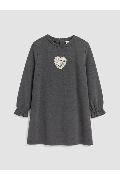 LC Waikiki Ozmarka New Season Anthracite Crew Neck Embroidered Girls' Dress