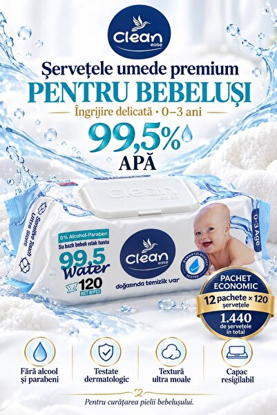 Clean Ease Water – Μωρομάντηλα, 99.5% νερό, οικονομική συσκευασία 12 × 120 τε...