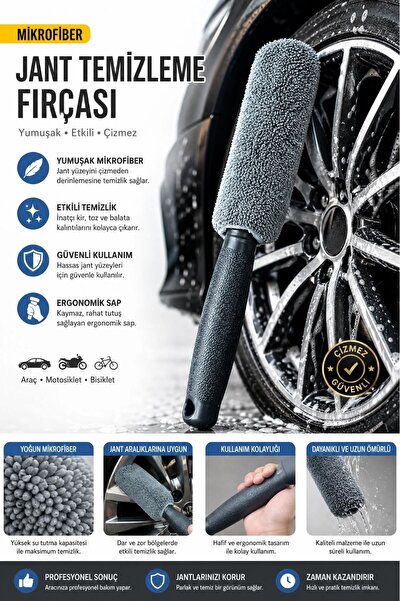 Buffer ® Mikrofiber Jant Temizleme Fırçası Yumuşak Çizmez Saplı Araba Motosik...