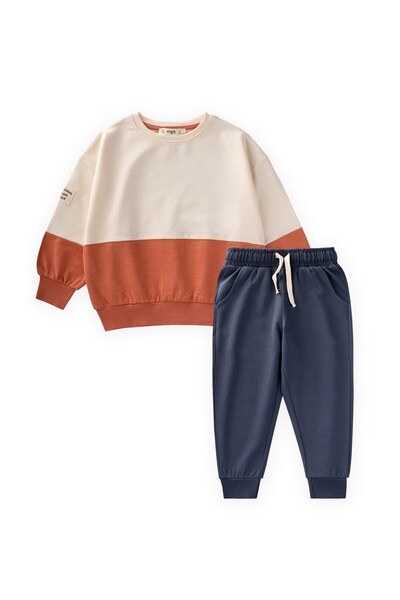 Cigit Garnili Sweatshirt İnce Mevsimlik Takım 8-12 Yaş Ekru Lacivert